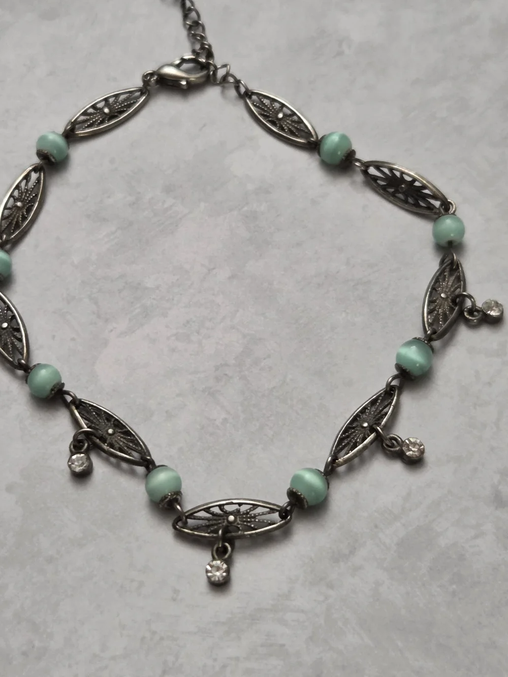 Vintage Aqua Turquoise Glass Bead Filigree Rhinestone Bracelet/Anklet